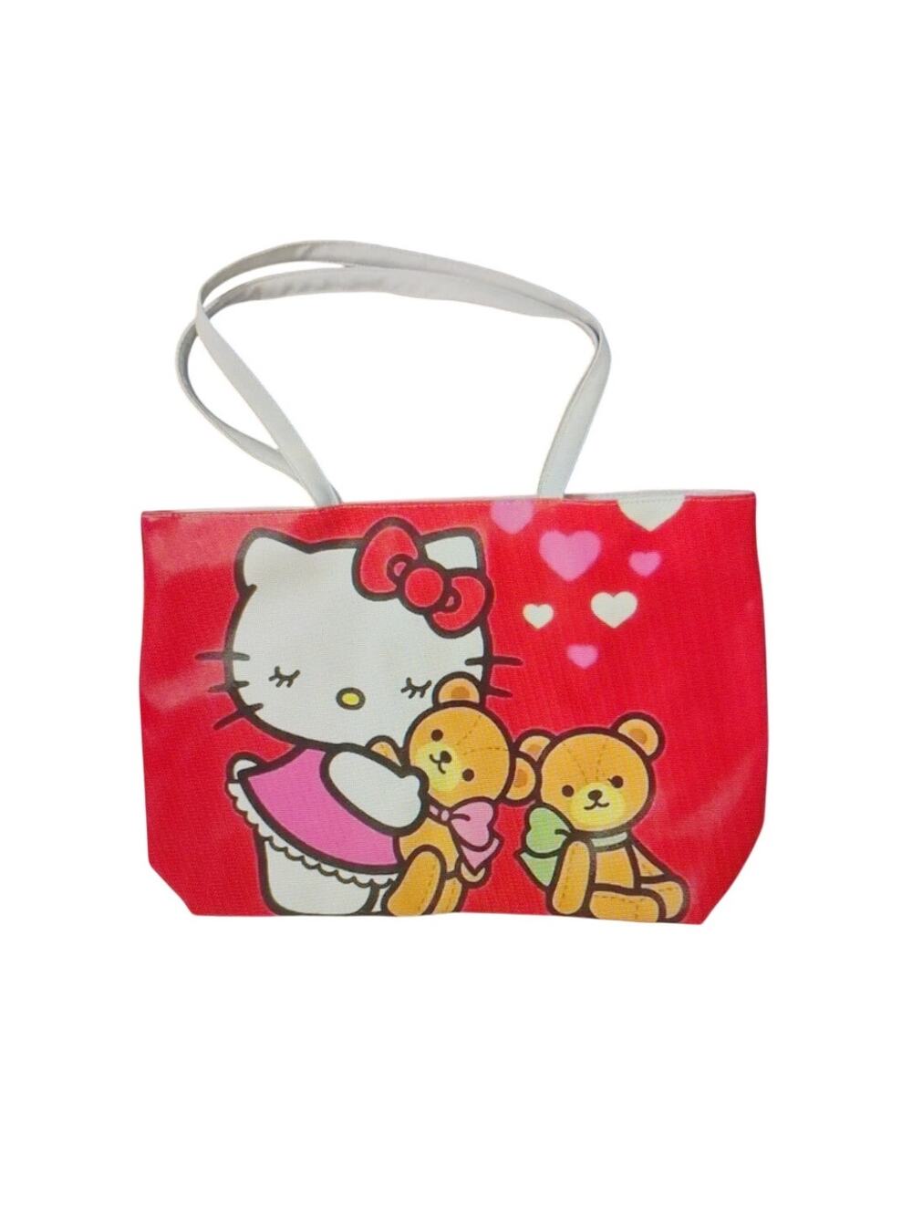 Hello Kitty Red Tote Bag w Teddy Bear Graphic Gray Handles